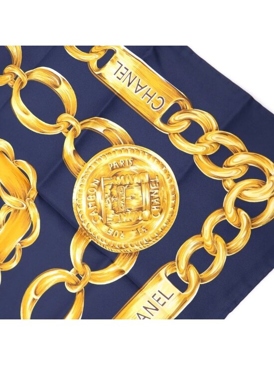 Chanel Cambon Line Chain Belt Pattern Vintage Silk Scarf Navy Gold